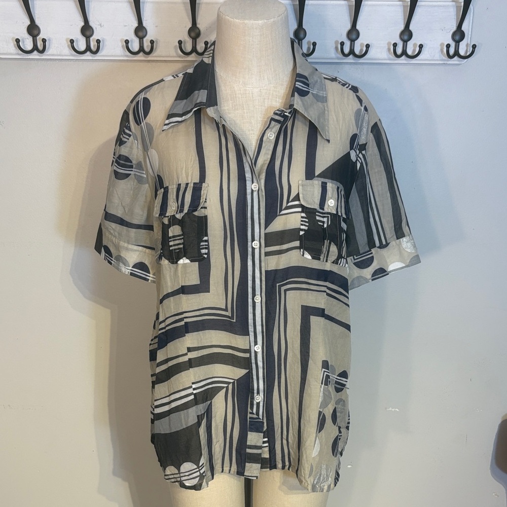 Geometric patterned silk cotton blend short sleeve blouse XL